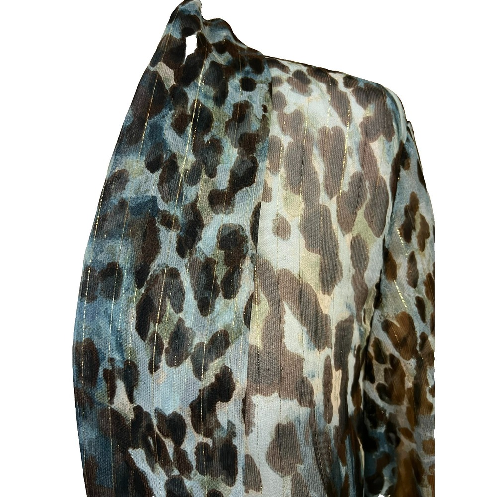 Chico's SZ 2 Open Cardigan/Coverup Sheer Georgette Blue Brown Gold Animal Print - Picture 5 of 11